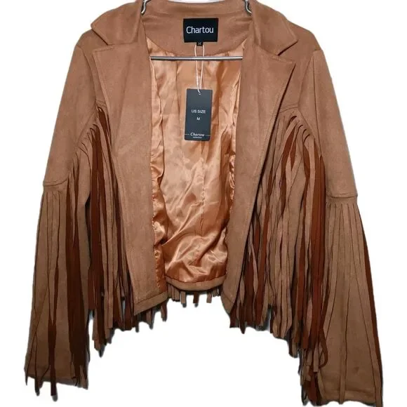 NWT Chartou Faux Suede Camel Color Jacket Sz M Cropped Fringe Open Front - Picture 1 of 10